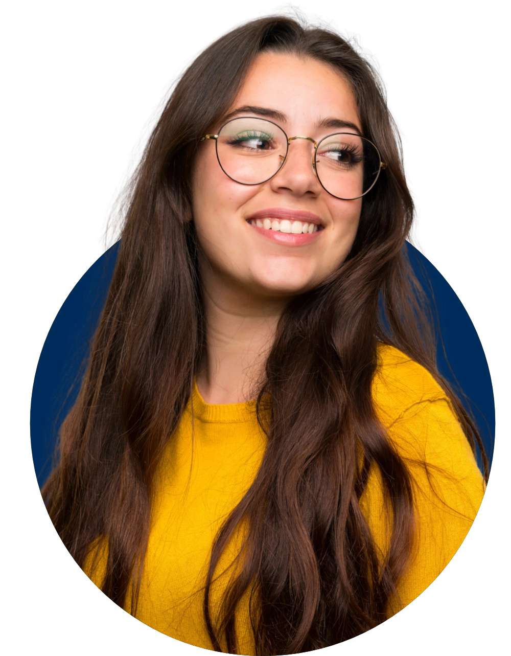 Young woman with long brown hair and round glasses smiling and looking to the side, wearing a yellow top.