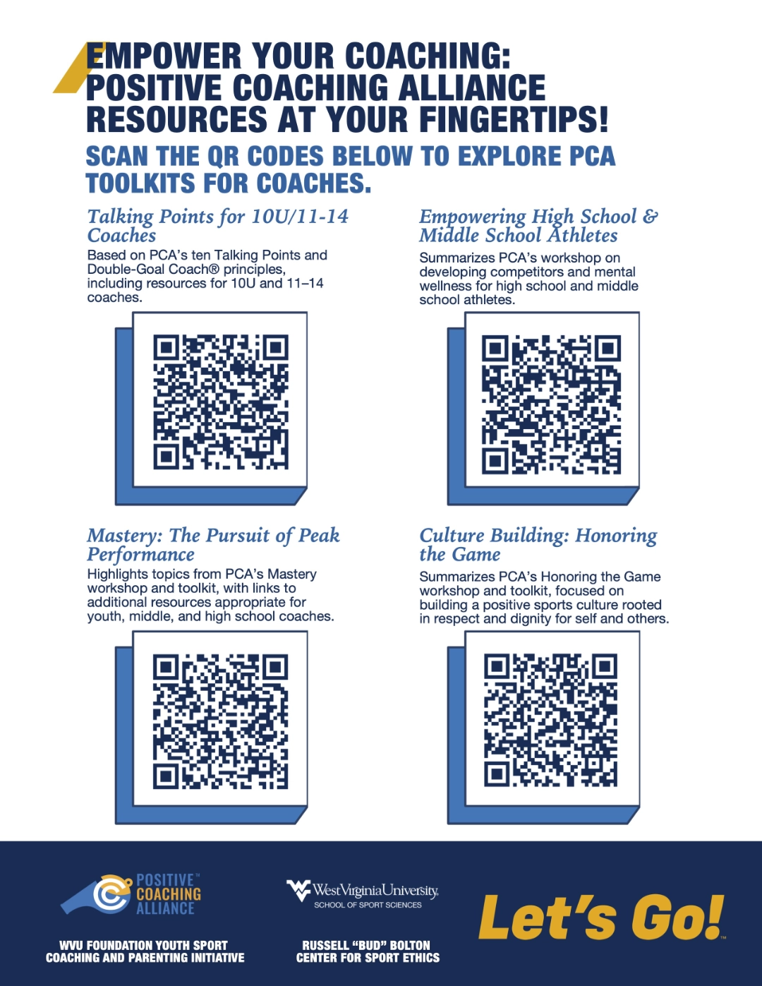 Poster promoting Positive Coaching Alliance resources with four QR codes for coaching toolkits and WVU branding at the bottom.