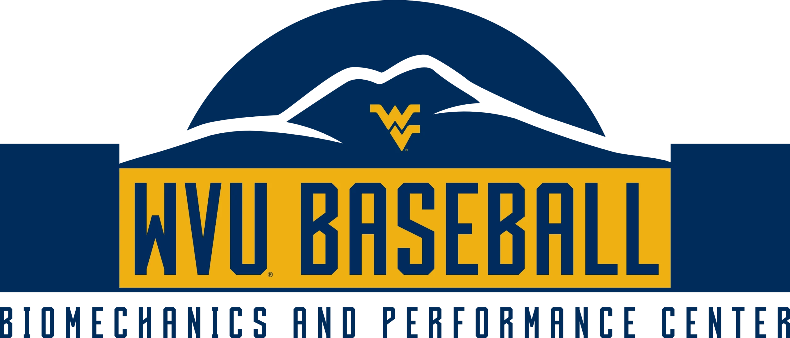 WVU Baseball logo with a mountain graphic above and the text “Biomechanics and Performance Center” below.