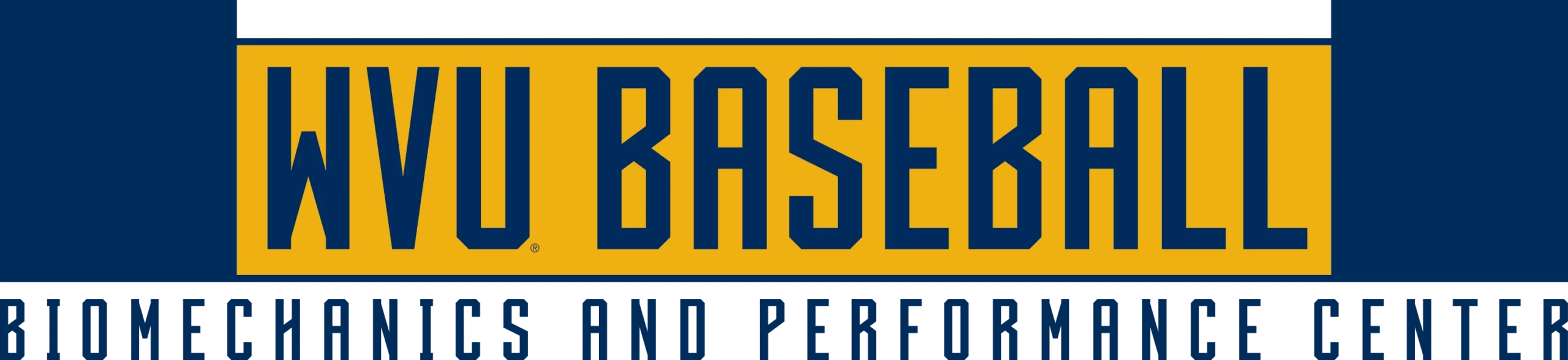 Graphic reading “WVU Baseball Biomechanics and Performance Center” in blue and gold.