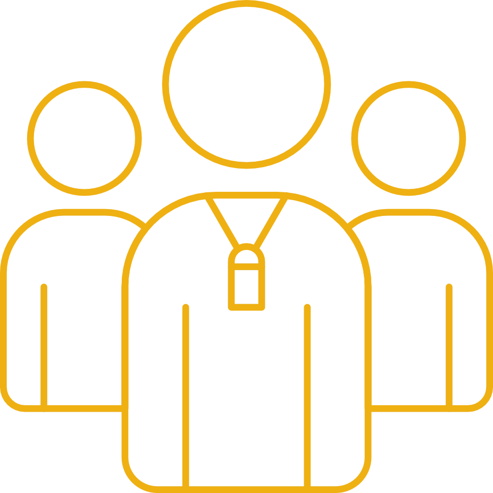 Icon of three people with a central figure wearing a whistle, representing a coach and team.