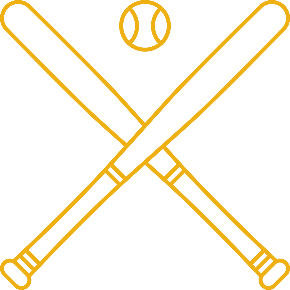 Two crossed baseball bats with a baseball above them in a simple line graphic.