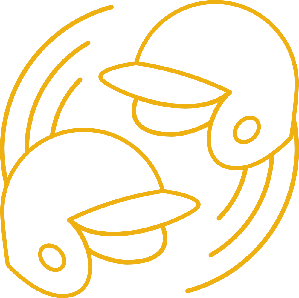 Two baseball helmets in motion depicted as a simple line graphic.