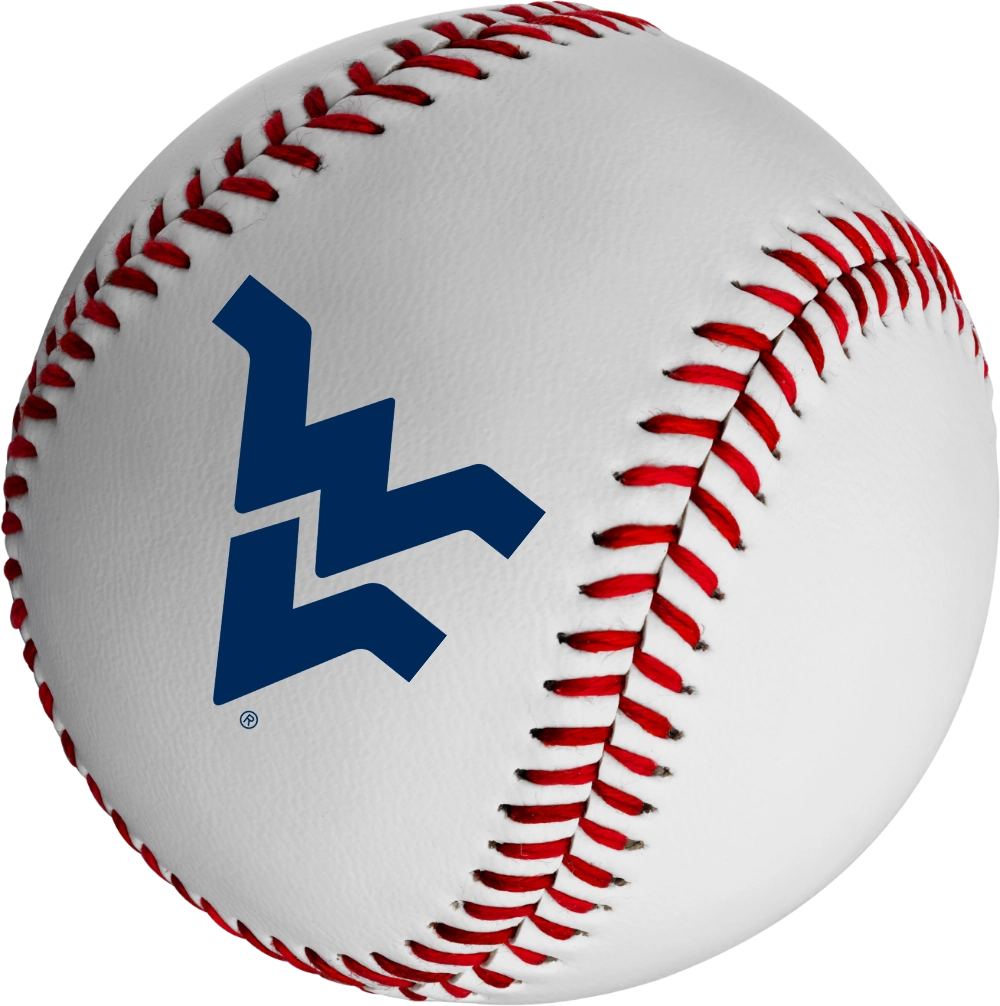Baseball with red stitching featuring a WV logo.
