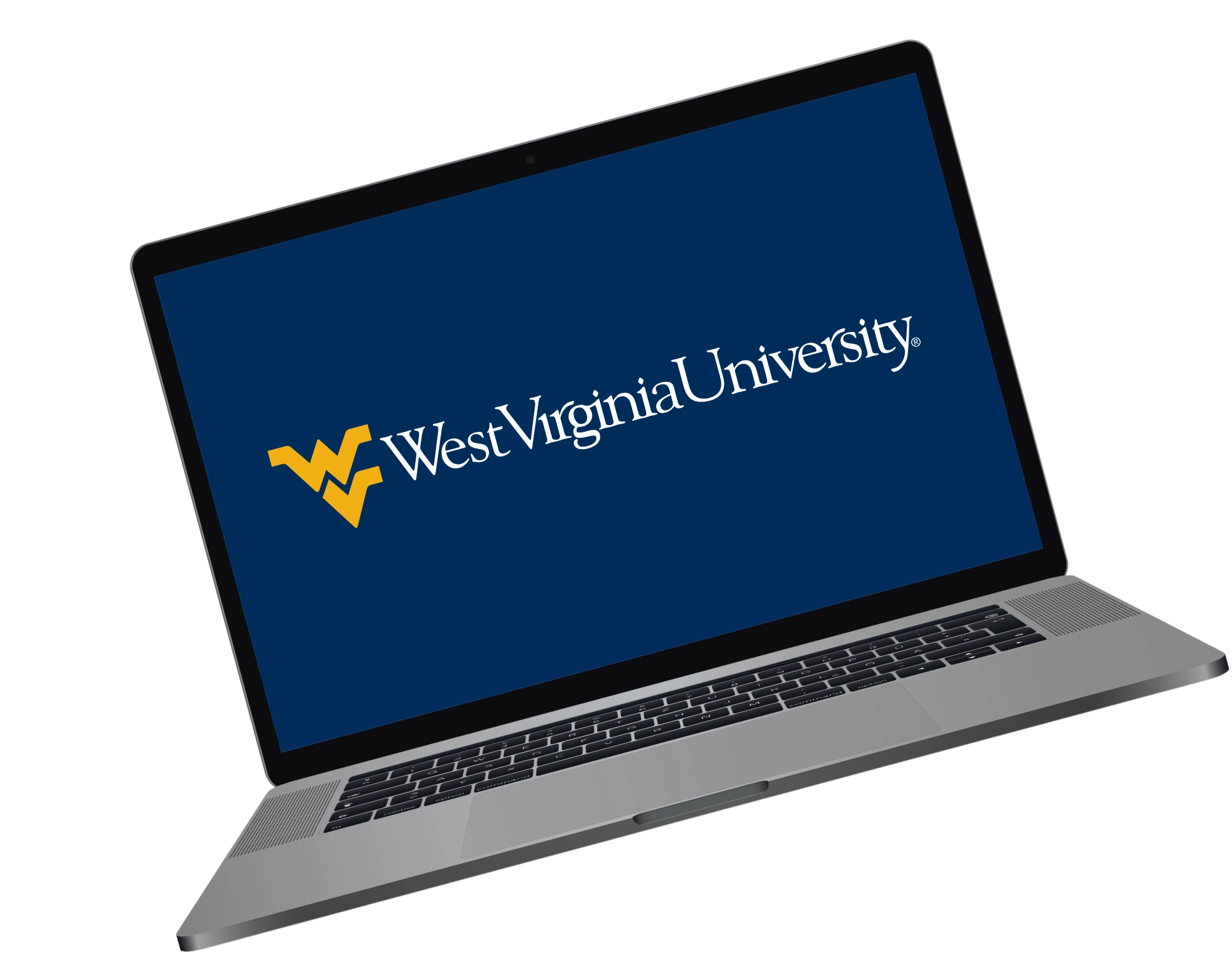 Laptop displaying the West Virginia University logo on its screen.