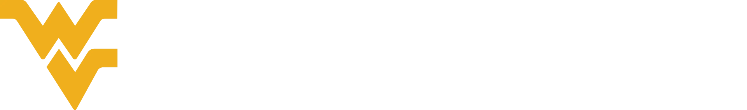 Gold WV monogram logo next to the white text “West Virginia University” on a transparent background.