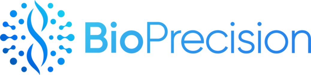 BioPrecision logo featuring a stylized DNA helix and circular data pattern in blue.