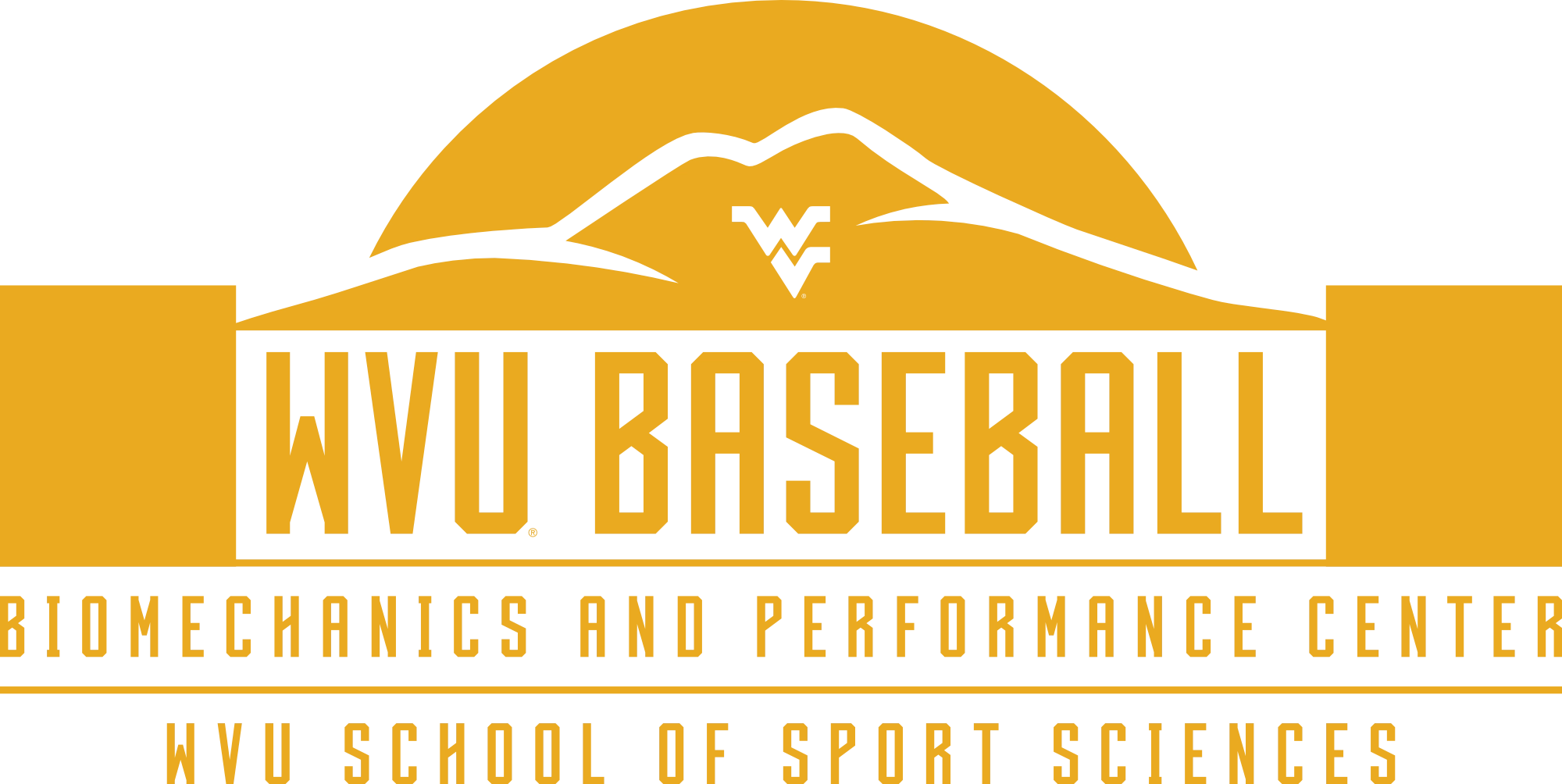WVU Baseball Biomechanics and Performance Center logo with a mountain graphic and WV emblem.
