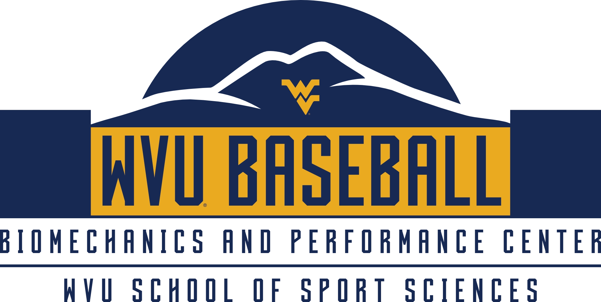 WVU Baseball Biomechanics and Performance Center logo with a mountain graphic and WV emblem.