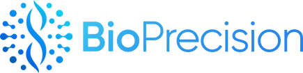 BioPrecision logo featuring a stylized DNA helix and circular data pattern in blue.